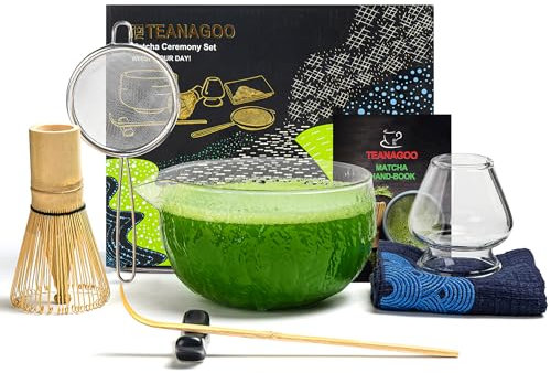 TEANAGOO Japanese Matcha Whisk (7pcs) Matcha Set Mtacha Kit Matcha Bowl with Pouring Spout Bamboo Matcha Whisk (chasen) Scoop (chashaku) Matcha Whisk Holder. N21, Klarglas, Matcha Grünteepulver...