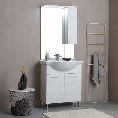 KIAMAMI VALENTINA Bodenstehender Badezimmerschrank 75cm 2 Türen Eiche weiß und Spiegel mit Oberschrank Rimini