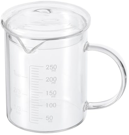 PATIKIL 250ml Glass Measuring Cup, 3.3 Borosilicate Glass Graduated White Printed Scale Liquid Measure Cups Beaker with Glass Lid and V-Shaped Spout for Kitchen