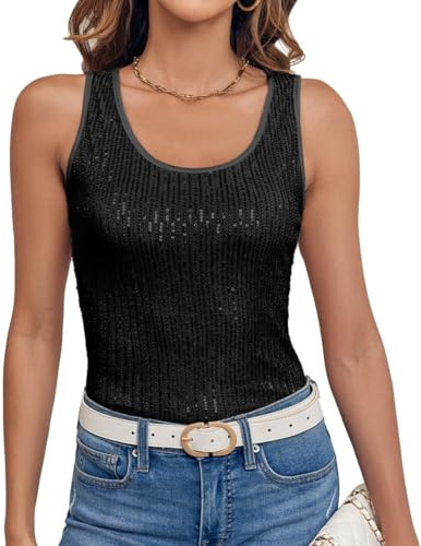 Imily Bela Top da donna con paillette, senza maniche, con brillantini, scollo a U, sexy, per feste, Nero , S