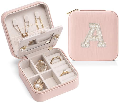 Vlando Personalised Jewellery Case, Travel Jewellery Box with Mirror, Ideal for Earrings, Rings, Necklaces, Gifts for Women, Mother's Day, Valentine's Day