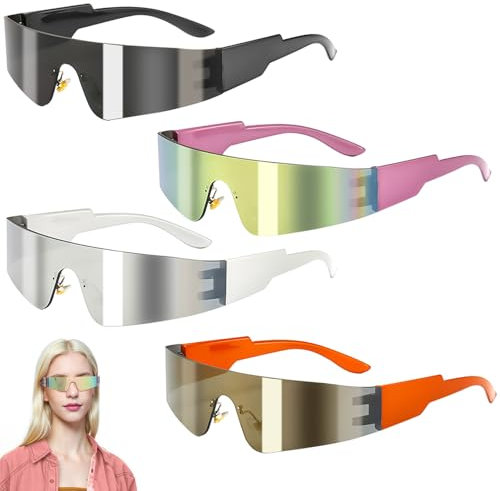 Idota 4 Stück Futuristische Sonnenbrille Partybrille Rave Space Brille Randlose Y2k Sonnenbrille Schnelle Alien Brille Set für Rollenspiel Halloween Cosplay Faschingsparty