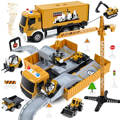 PATEMZON Construcción Camión Vehículos, Camión Grúa, Camión de Juguete con Eyección Pista, Excavadora Aplanadora, Máquina Elevadora, con Música y Luces, Juguete de Regalo para Niños 3 4 5 6 7 años