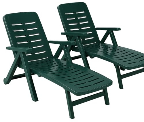 KURIL Pack 2 Tumbonas Plegables con Ruedas – 72x189x96 cm – Polipropileno – Respaldo Multiposición – Exterior Jardín y Piscina (Verde)