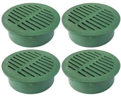 Calvana 4-Pack 6 Inch Round Drain Grate Cover for Yard Drainage, Plastic Outdoor Drain Cover for Lawn, Landscape and Patio, 6 Stormwater Drain Grate Replacement, Green