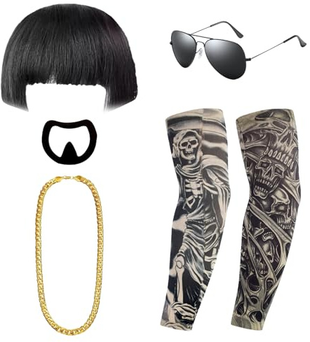 Kit de Disfraz Divertido, Disfraces Graciosos para Hombres - Peluca Negra | Barba de Cabro | Cadena de Oro | Mangas de Tatuajes| Gafas de Sol, Disfraz de Fiesta para Fiestas y Festivales de Moda