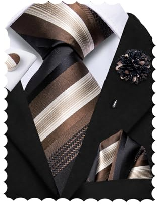 Hi-Tie Lot de 4 cravates en soie pour homme - Motif cachemire - Boutons de manchette carrés - Motif cachemire - Pour mariage, noir/marron, M