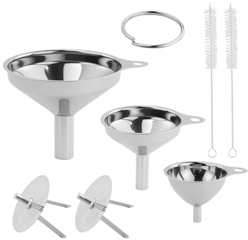 Set di 3 imbuti in acciaio inox, imbuto da cucina con maniglia, deodorante per marmellata con colino, spazzola per la pulizia, imbuto per il trasferimento di spezie, liquidi in polvere
