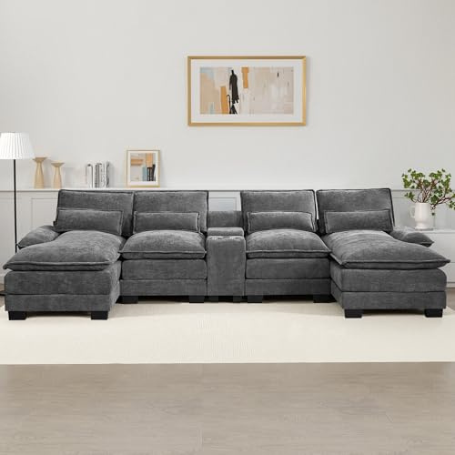 125 U Shaped Cloud Modular Sectional Couch for Living Room, Small Comfy Chenille Sofa with Double Chaise Lounge, Storage Central Console, Cup Holders, USB Port,Grey