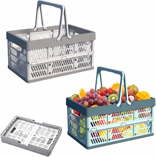 Shoppingkorg hopfällbar låda liten med handtag – vikbar shoppingkorg plast, liten korg med handtag, stabil hopfällbar korg för shopping, camping, kök, badrumsförvaring (38 × 20 cm, 2 stycken)