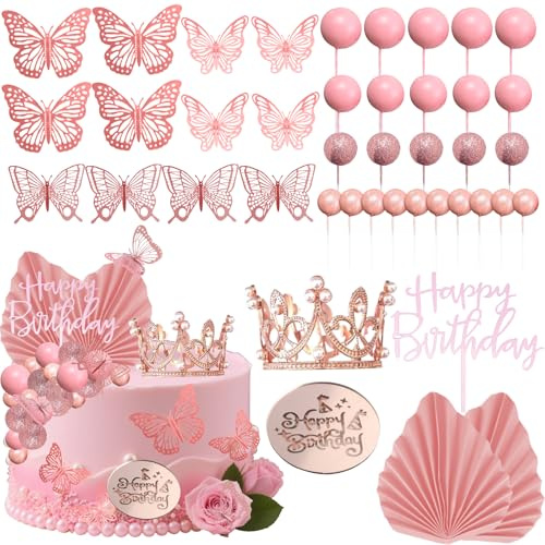 Tazuxetuqe 42 Pezzi Palline Rosa Con Motivo Corona, Decorazione Per Torte Con Corona A Farfalla Per Torte Di Compleanno, Adatta Per Matrimoni, Feste Per Neonati E Altre C