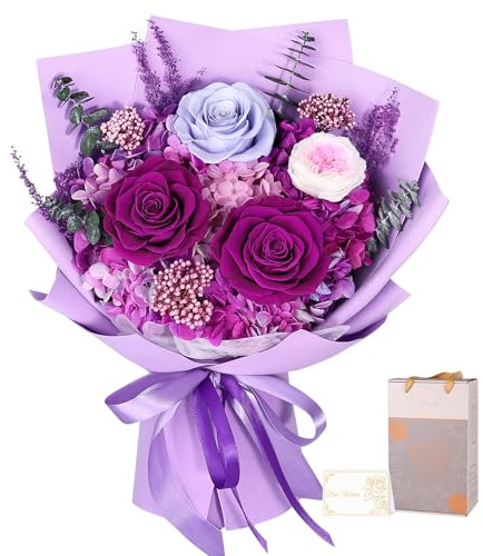 Preserved Flowers Bouquet Delivery, Real Purple flowers, Gifts for Women | Forever Eternal Roses, Gift Box&Card, Birthday Gifts for Mum Gradma Wife Girlfriend, Anniversary Christmas Gift for her
