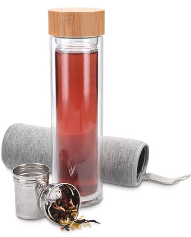 Navaris Teeflasche aus Glas mit Edelstahl Sieb - 500ml Tee Flasche Teekanne to go - Trinkflasche doppelwandig aus Borosilikatglas mit Hülle in Grau