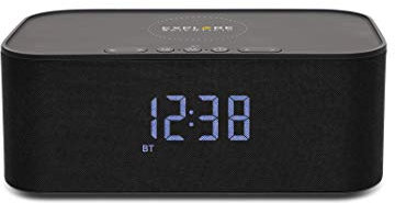 Explore Scientific BCC1001 Orologio con altoparlanti Bluetooth, Funzione ricarica wireless, Vivavoce integrato, Doppia sveglia, Display con luminosità regolabile, Nero