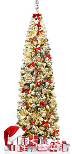 RELAX4LIFE 225 cm Künstlicher Weihnachtsbaum mit Beleuchtung und Schnee, Bleistift Tannenbaum mit 350 warmweißen LED-Lichtern & Metallständer, Christbaum schmal für Zuhause & Büro & Geschäften, Grün