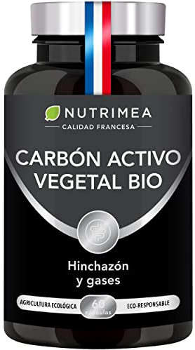 Carbón Activo Vegetal BIO 100% natural | Hinchazón Gases y Digestión | 95% de Carbono Alta Adsorción | 60 Cápsulas Veganas Nutrimea | Fabricado en Francia