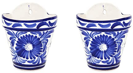 Verano Spanish Ceramics Outdoor Living Terracotta Hand Painted Blue Floral Hanging Pots - Decorative New Home Garden Yard Patio Décor Gardening Herb Flower Wall Plant Pots - Set of 2-22cm x 22cm
