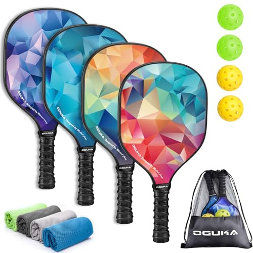 Oguka - Pagaies de Pickleball, Ensemble de 4 pagaies légères approuvées par USAPA, 4 balles de Pickleball, 4 Serviettes de Refroidissement et Sac, Raquettes de Pickleball Premium, Cadeaux pour