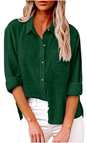 SMIDOW Blusa de algodón y lino con botones para mujer, #C-verde, M