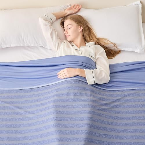 EMME Kühldecke Kühlende Decke, Arc-Chill Q-Max>0,5, 230 x270 cm, 2 in 1 Doppelseitige Dünne Sommerdecke, Leicht Atmungsaktiv Tagesdecken, Sofa Decken,Bettüberwurf Groß Kuscheldecke,Blau Gestreift