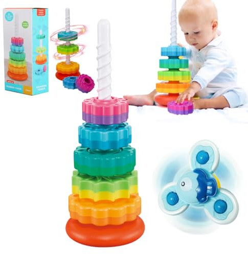 Cartlant Stapelturm mit Saugnapf Spielzeug Baby, Kinder Stapelringe Bunt Motorik Kreative Pyramide Turm 5 Scheiben, Twisted Baby Steckspielzeug mit Spiralgewinde Kleinkind Ringstapelturm