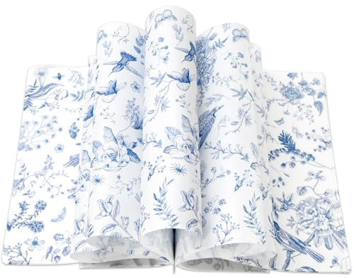 JarThenaAMCS 150Pcs Blue Floral Wax Paper Chinoiserie Bird Flower Deli Wrap Sandwich Wrap Tissue Waterproof Oil-Proof Picnic Liners for Party Kitchen Supplies, 9.8 x 8.3 Inch