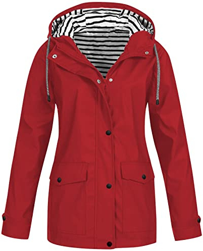 Votre Compte Ciré Femme Imperméable Manches Longues Manteau De Pluie Femme Automne Hiver Impermeable Veste Femme Mi Saison Capuche Parka Cadeau Fete des Meres Utile(1B-Rouge,M)