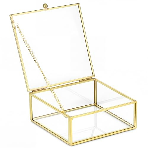 QWORK® Caja decorativa vintage dorada, Joyero rectangular transparente, 12 x 12 x 5cm, para organizador de joyas
