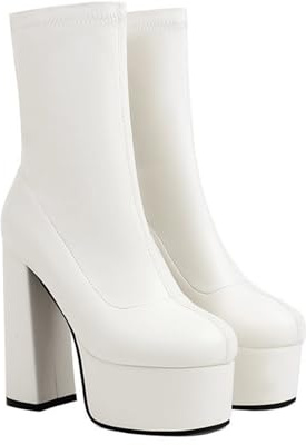 KUHAOFEU Stivaletti da Donna Tacco Alto Zip Punta Rotonda Polacchine con Plateau,Bianca,39 EU