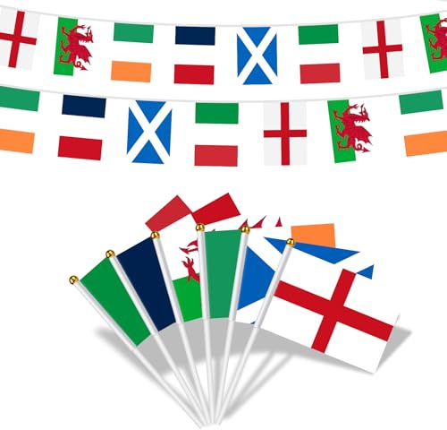 AhfuLife 18 bandiere di sei paesi su bastoncini, per decorazione di feste di rugby, bandiere con asta bianca, bandiere portatili di Inghilterra, Scozia, Galles, Irlanda, Francia, Italia (bandiera e