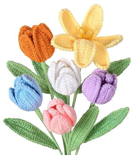 UXORSN 6 Pièces Bouquet de Tulipes Fleurs Au Crochet Fleurs Artificielles Tricotées à Main Tulipes Fleuries Au Crocheted Fausses Fleurs pour Anniversaire Graduation Fête des Mères Mariage Décor