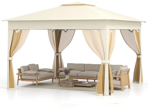 RELAX4LIFE Tonnelle Pliante 3x3 avec Moustiquaires, Tonnelle de Jardin Exterieur Facile à Monter, Toit Ventilé Argenté, Protection Solaire, Sac Inclus, Pavillon de Jardin pour Terrasse Patio, Beige