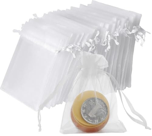 vaolmlop Lot De 100 Blanc Sachets En Organza,7 X 9 Cm,Petits Sacs Cadeaux Avec Cordon De Serrage,Pour Bonbons,Sachets De Mariage,Bijoux