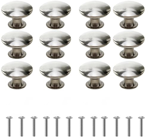 4pcs/12pcs Silver Cabinet Door Handles with Screws, Cupboard Door Knobs Polished Chrome Round Mushroom Light Pull Handles, 30mm Modern Hardware Door Knobs for Cupboards, Drawers and Wardrobes (12pcs)