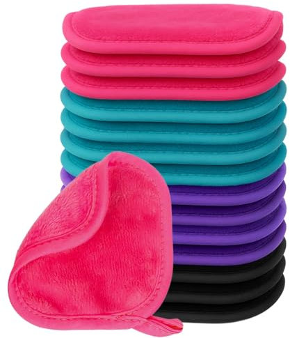 Lot de 12 lingettes démaquillantes en microfibre - 15 x 15 cm - Doux et réutilisables - Élimine la saleté et le maquillage instantanément avec de l'eau - 4 bleus, 4 violets, 4 roses, 3 noirs