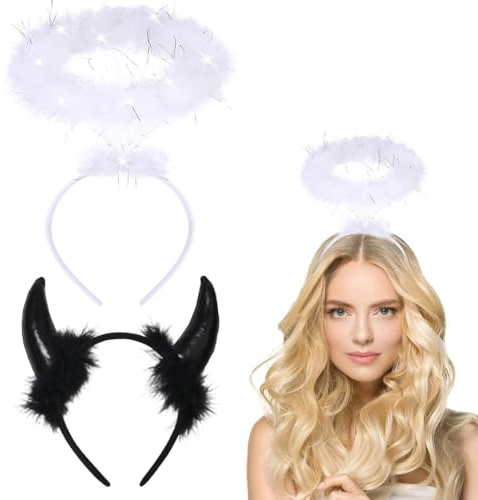 2 Pièces Serretête corne de diable et serre-tête d'ange, serre-tête de diable et halo d'ange pour Halloween, convient aux adultes et aux enfants, jeux de rôle pour les fêtes d'Halloween