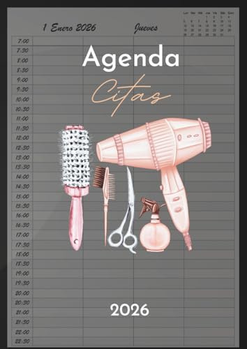 Agenda Peluquería 2026: Libro de Citas para Peluqueria con Fecha y por Horas, Dia por Pagina 4 Empleados | Intervalo de 30 Minutos de 7:00 a 22:30 (4 Columnas) y Calendario de Mes Corriente A4