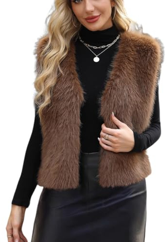 YuanDiann Gilet en fausse fourrure pour femme - Automne et hiver - Décontracté - Mode élégant - Col en V - Gilet en fourrure synthétique - Chaud - Sans manches - Cadeau, café, S