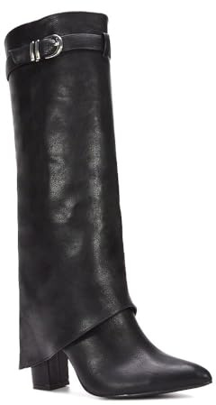 ESSEX GLAM Women's Fold Over Knee High Boots Ladies Black Synthetic Leather Pointed Toe Buckle Block Heel Size 5