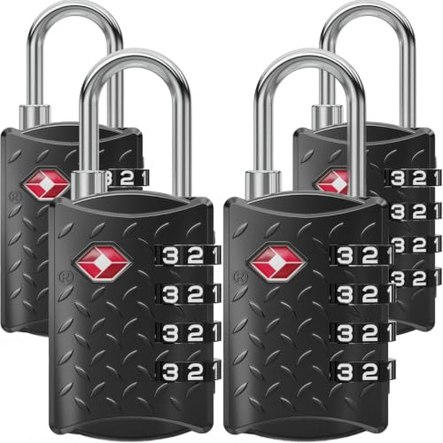 NOVLOCK TSA-godkänt bagagelås med 4-siffrig kod – räfflad, halkfri yta – kompatibelt för USA-resor – reselås för resväskor, ryggsäckar och handbagage – 4-pack, svart