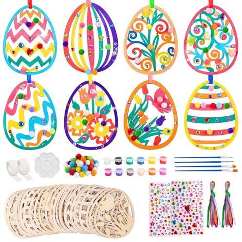 HGRGHH 24 Piezas Huevos de Pascua para Pintar, Pascua Artesanías de Madera, Manualidades Pascua Niños, Colgante de Pascua de Madera para Decorar, para Niños Fiesta Suministros DIY Decoración