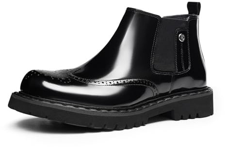 Generico Uomo Tirare su Chelsea Stivaletti alla Caviglia Tacco Grosso A Blocco Stivali da Piattaforma Punta Tonda Pelle Verniciata Scarpe Brogue Vintage,Nero,45 EU