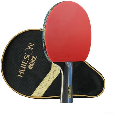 Raqueta de tenis de mesa, goma adhesiva para superficie de 7 capas, mango ligero y cómodo para principiantes, adolescentes, rojo y negro (mango largo)