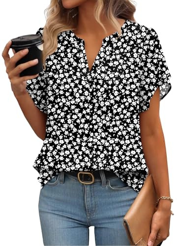 Zeagoo Blusa elegante de verano para mujer, de manga corta, de gasa, cuello en V, túnica, de malla, de doble capa