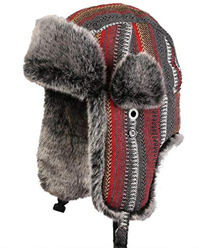 Insun Unisex Chapka Anti Vent Casquette d'hiver Chapeaux avec Bordure en Fourrure Bonnet de Russie Rayure Rouge Gris XL Chapkas circonférence 58cm