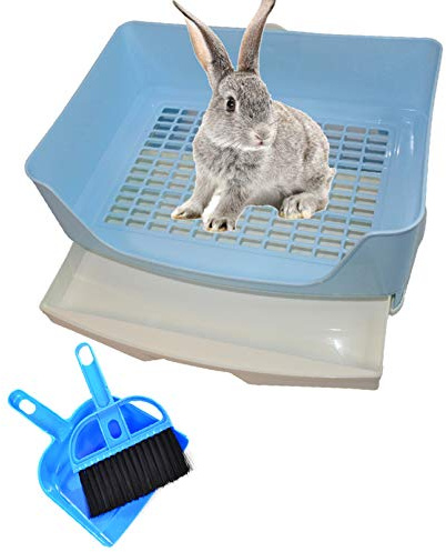PINVNBY Large Rabbit Litter Box Bigger Pet Litter Pan Trainer with Drawer Corner Toilet Box for Adult Guinea Pigs Chinchilla Ferret Hedgehog Small Animals(Blue)