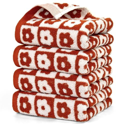 Jacquotha Handtuch-Set mit kariertem Blumenmuster, 73,7 x 33 cm, Handtücher für Badezimmer, Spa, Küche, Weihnachtshandtücher, Geschenke, hell und langlebig, Rostrot, 4 Stück