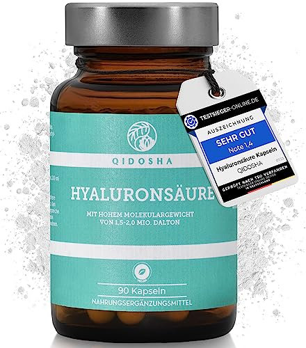 QIDOSHA® Premium Hyaluronsäure Kapseln, TESTSIEGER 07/23*, hohes Molekulargewicht von 1,5-2 Mio. Dalton (marktüblich: 0,5 Mio.), 250mg/Kapsel, 90 Stk/Apothekerglas, vegan, natürlich aus Fermentation