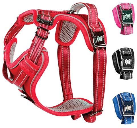 Elite Paws® UK Padded Dog Harness, Metal Buckle, Reflective (Red, XL)