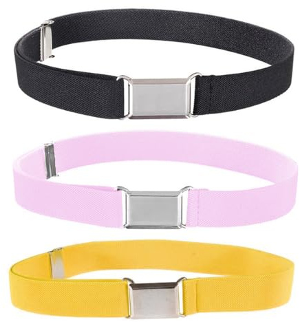 cinturones elásticos para niños, 3 Piezas Cinturones Elásticos, cinturón elástico ajustable con hebilla cuadrada fácil, Niños Cinturón Elástico, Negro, rosa, amarillo dorado